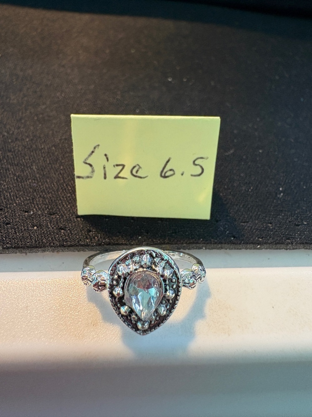 Silver Tone Teardrop Cubic Zirconia Ring - Size 6.5 - Silver